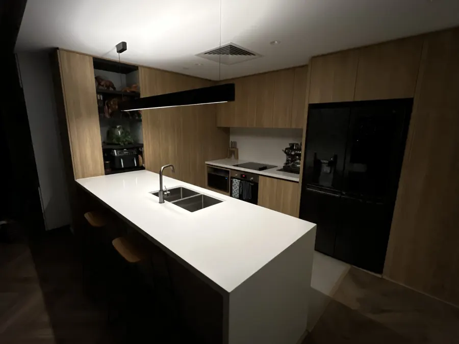 Kitchen with new downlights and pendant lighting installed by Infin8 Electrical